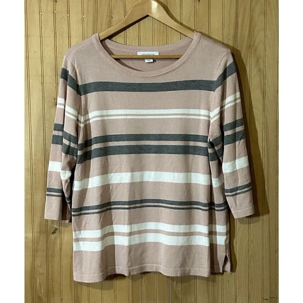 Liz Claiborne Women's Pullover Sweater 3/4 Sleeve Pink Stripe Size XL
